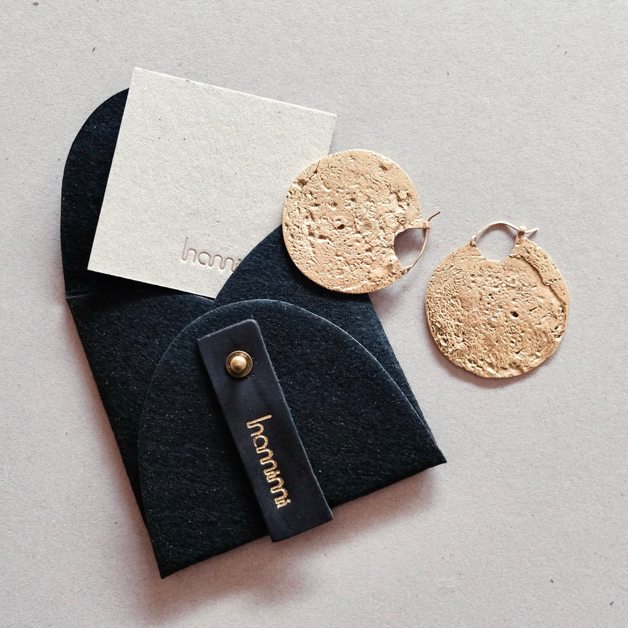 Hamimi brass disc earrings with signature jewellery pouch