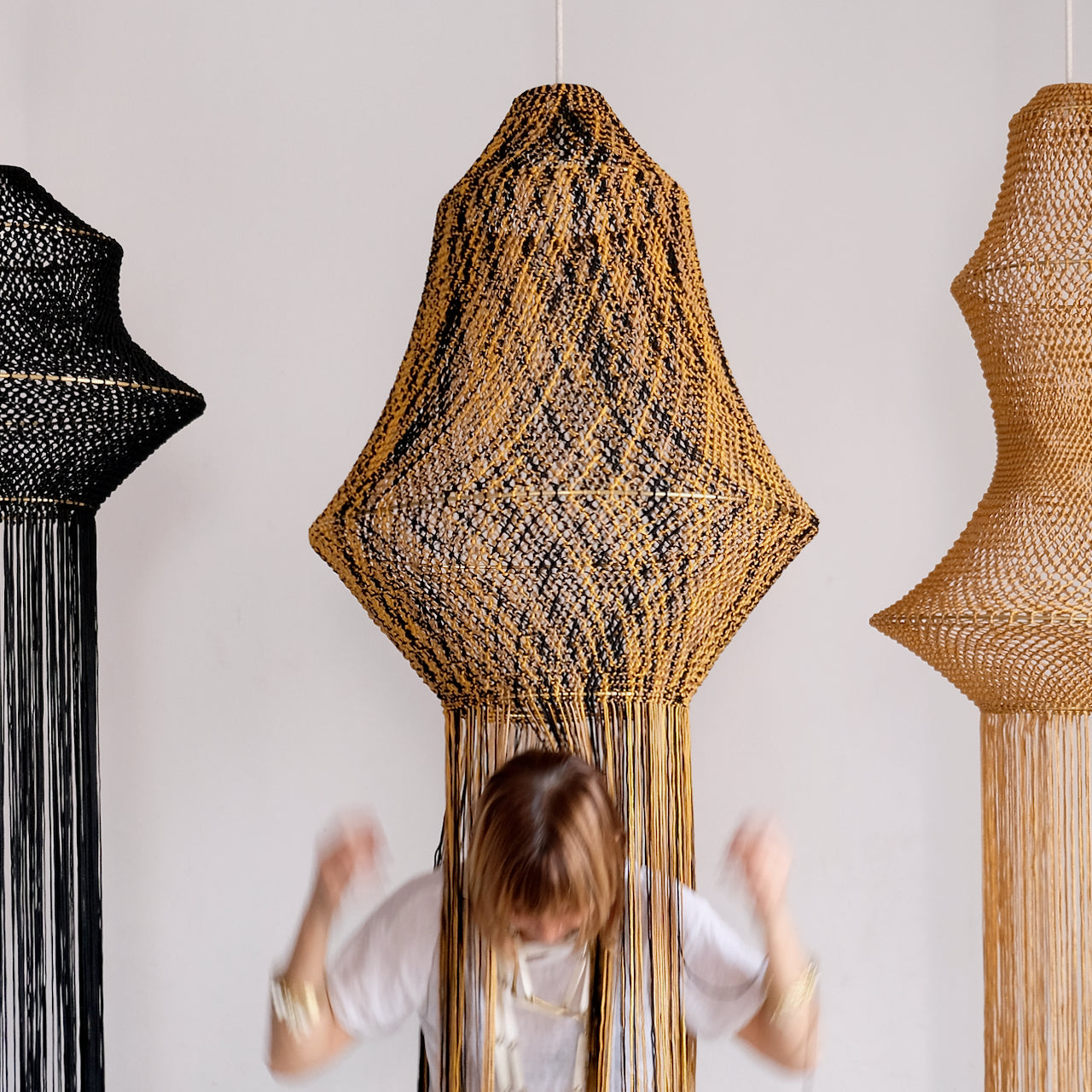 Medina Three Macrame Lamp - Honey / Mustard / Black Mix