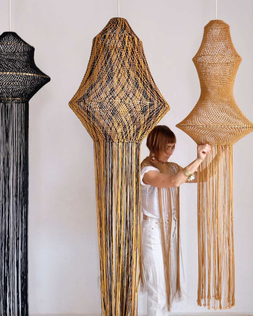 Medina Three Macrame Lamp - Honey / Mustard / Black Mix